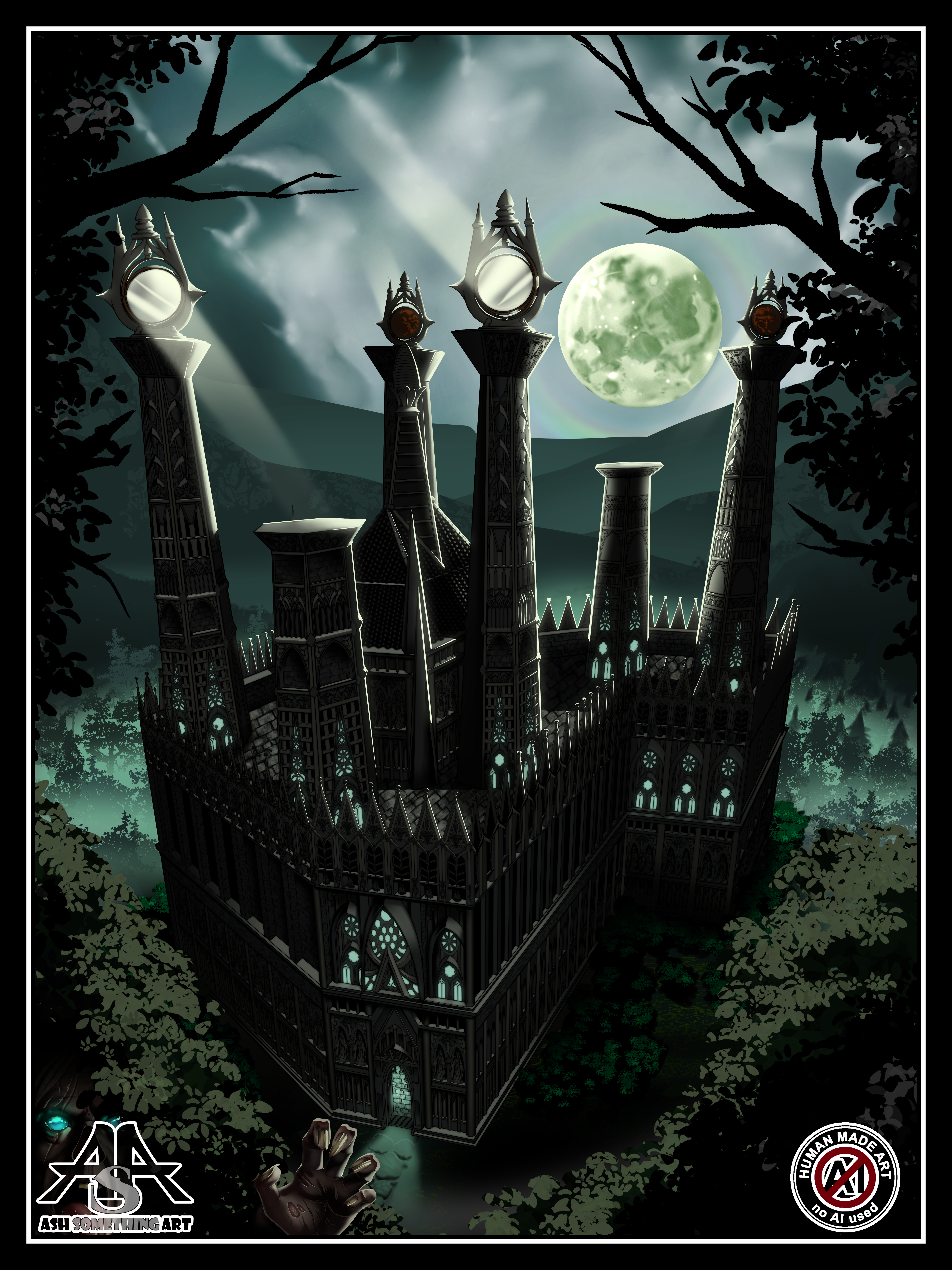 The artwork entitled The Cremation Towers of Stürmwasser, by Ash Something. Commissioned by FGG Games LLC as the cover for the Tabletop RPG Adventure guide, also titled The Cremation Towers of Stürmwasser, written by Donald Eccles. This artwork features a gothic cathedral with two floors and six spires coming off the roof. Two of the spires are shorter, with platforms at the top, and the remaining four are taller and have large decorative mirrors on top of them. The scene is nighttime, with a large full moon in the background, casting a yellow backlight onto the cathedral. While much of the cathedral is dark and in shadow, on closer inspection you can see intricate details including angel statues and gothic arches lining every wall and spire. An eerie green glow emanates from the windows and open door. In the background is a forest with similarly green mist, with faded out mountains in the further background. In the foreground are bushes and trees framing the left and right sides of the image, and a ghoul with glowing blue-green eyes is reaching out of the nearest bush toward the viewer. This artwork is ©FGG Games LLC and Ash Something Art 2024. Ash Something is Anti-A.I. and does not use it in any of their work.