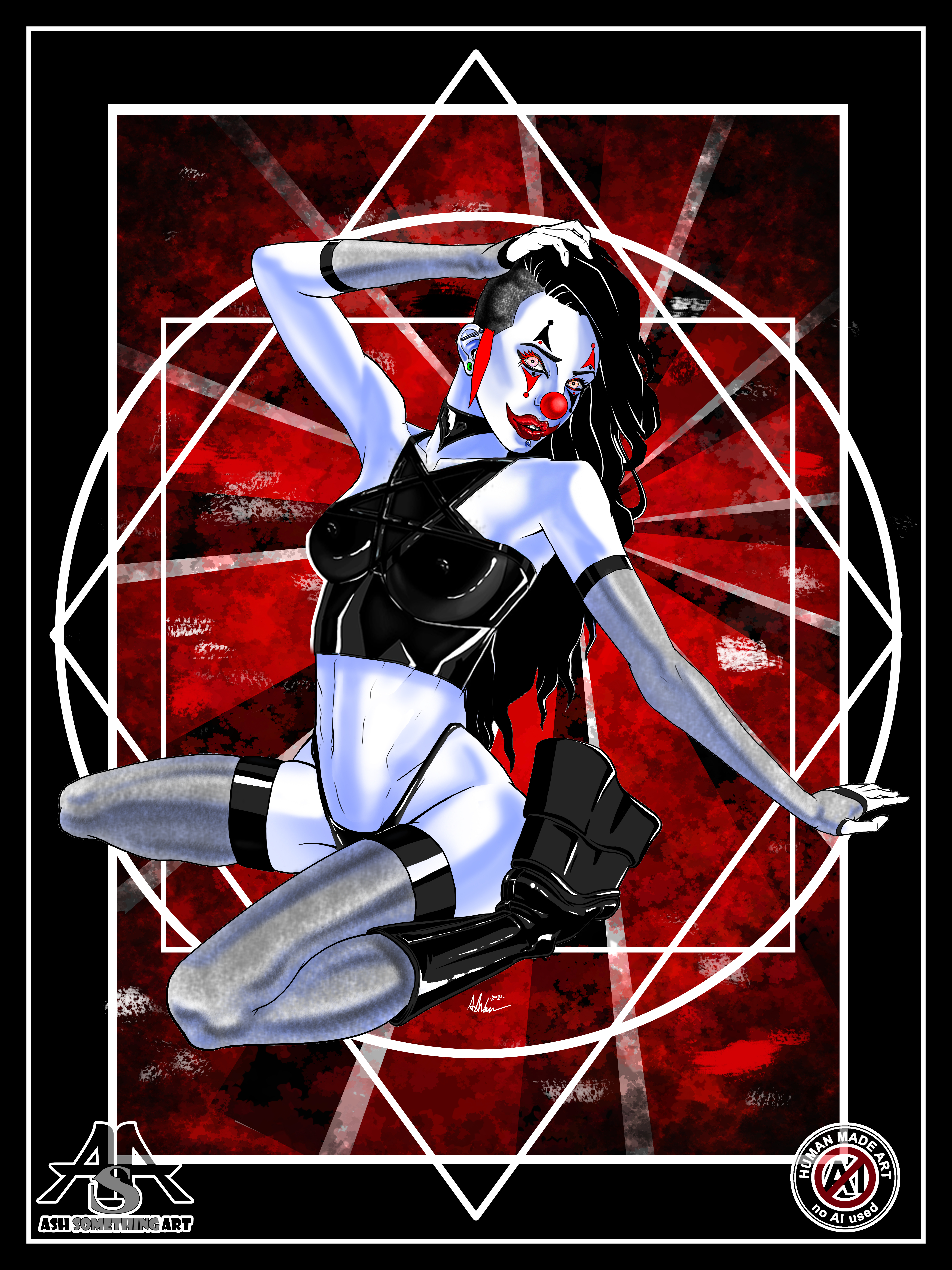 Ash Something's artwork entitled Circuspunk Seduction, 2024 Revised Edition, originally drawn in 2019 this variant was completed on 5/6/2024. The piece features an exaggeratedly pale-skinned clown girl with the shadows on her body being blue toned, similar to the style of Patrick Nagel but with softer edges in Ash's own style. She's wearing a form-fitting latex halter-top with a subtle pentagram design made out of straps built into it, as well as nylon leggings and stand-alone arm sleeves. She has black platform boots and a thin-strapped black thong worn high on her hips. She's on her knees with her head to the side, one arm lifted to place her hand on her head in a somewhat seductive pose. She has a red triangle under her right eye, and a black one above the eyebrow. On the other eye, the colors are flipped. She wears a small round clown nose, and has full lips with a jester point smile. Her hair is a black mohawk, with a red tail on the sideburns. The mohawk is falling loose away from the viewer and over her shoulder and back in thick wavy locks. This artwork is ©Ash Something Art 2019 and 2024. Ash Something Art is Anti-A.I. and does not utilize AI in any of their art.