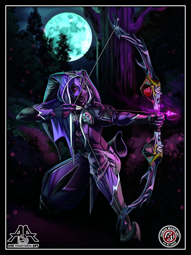 Ash Something's artwork entitled Oberon, The Unseen Hand, Level 8 (2025 Revised version). This artwork is a drawing of Ash's current D&D character, a Drow Rogue/Fighter multi-class. The character is an arcane trickster as well as an arcane archer. and specializes in archery. This artwork features Oberon in his full purple and black jester attire from Level 8, wielding an Oathbow that has been designed with the faces changed to be an homage to Ash's prior D&D character, Clopin the Mad. The scene shown is night time, in a forest, with the full moon in the distance. The moon is a light blue color to contrast the magenta glow of the arcane arrow he has knocked and ready to fire. This revised version has modified lighting to make the details of the figure, and the character himself, the character pop better, as in the original version Oberon blended into the background and overly-bright lights a little too much. The image has the 2025 Ash Something Art watermark and the Anti-AI watermark in the lower left and right corners respectively. This artwork is © Ash Something Art 2024. Ash Something is Anti-A.I. and does not use it in any of their work.