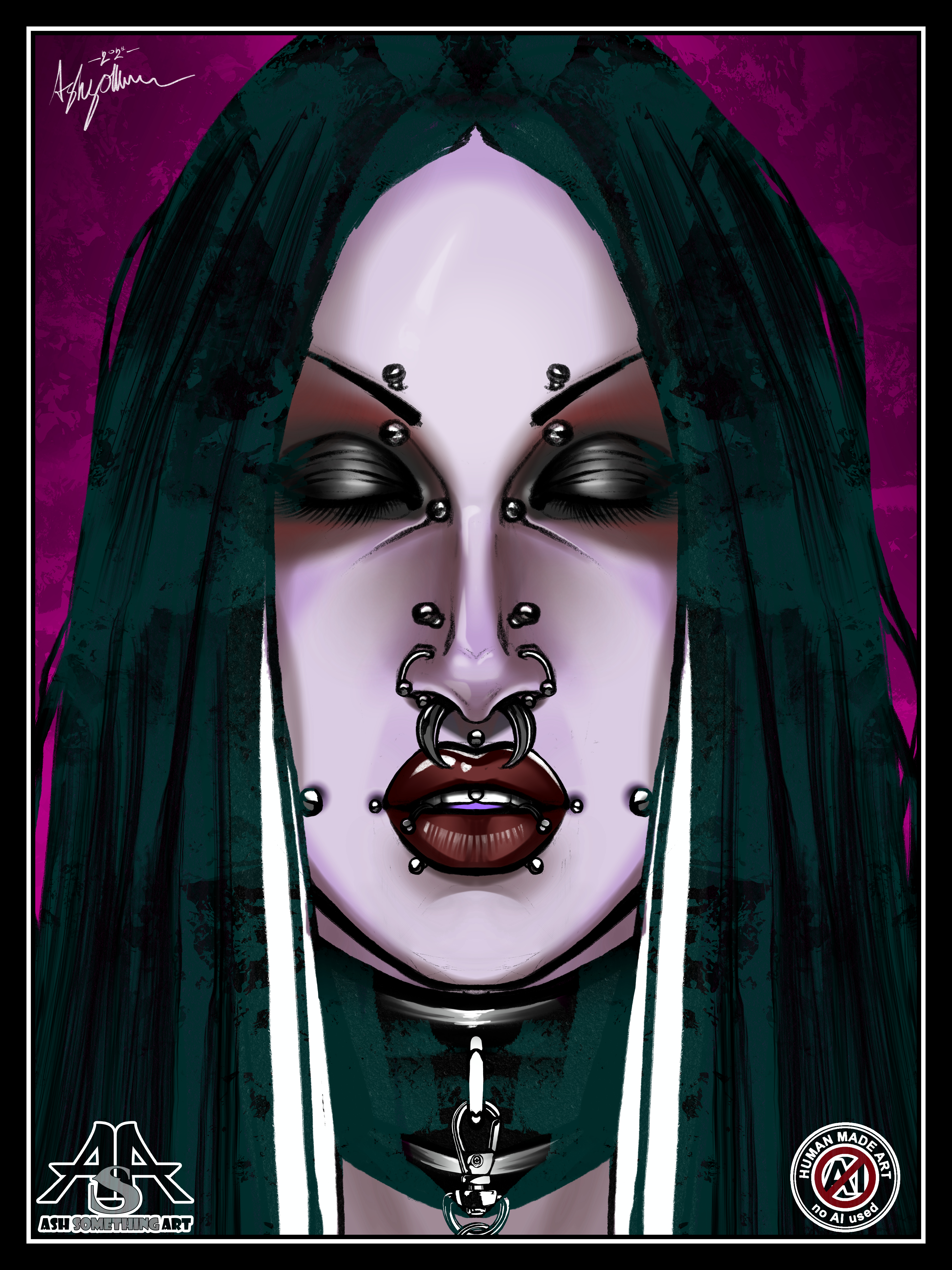 A portrait drawing by Ash Something Art entitled Prostelitize, which was completed on 12/26/24. The work features Ash's friend Bishop in a symmetrical arrangement, with their eyes closed in a relaxed expression. This is a second version of the work created, with added texture in the hair and background, implementing a cyan and magenta color scheme within the image (Compared to the stark black hair and red background of the original). This art is ©Ash Something Art 2024.