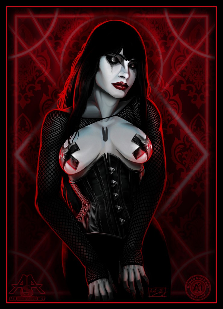 Ash Something's artwork entitled Sanctus Maniam - 2025 Re-Rendered version, completed on 4/21/25. This artwork is a personal piece and a memorial artwork featuring Ash's friend Misty, also known as Sanctus Maniam. The drawing is a half-body piece featuring Misty whith a fishnet shawl, a leather underbust corset, and goth makeup. She is otherwise topless but wearing black take over her breasts in an X pattern. The background is a victorian style walpaper pattern, and there are glowing geometric shapes expanding from behind her, including a halo behind her head. The Ash Something 2025 watermark and the #NoAi watermark are in the lower left and lower right respectively. The Ash Something 2025 watermark is present in the upper left and lower right. This artwork is © Ash Something Art 2025.