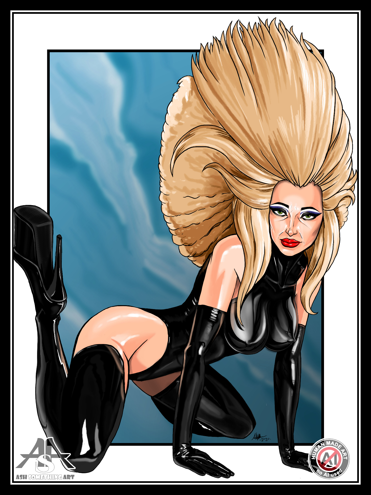 The artwork entitled Hair Pinup: Working Title, by Ash Something from 2020. The drawing is a pinup featuring a mature blonde woman wearing a latex one-piece body suit, with thigh high latex pleaser heels and full length latex gloves, over an abstrave blue background. She is on her hands and knees looking at the viewer seductively. This artwork features an odd, and exremem hairstyle, with the lower portions of the hair being permed to give weigt and volume, while the viewer-facing hair is all straightened and laid over the rest, on a nearly egg-shape reminescent of a much exaggerated bouffant. This artwork is ©Ash Something Art, 2020.