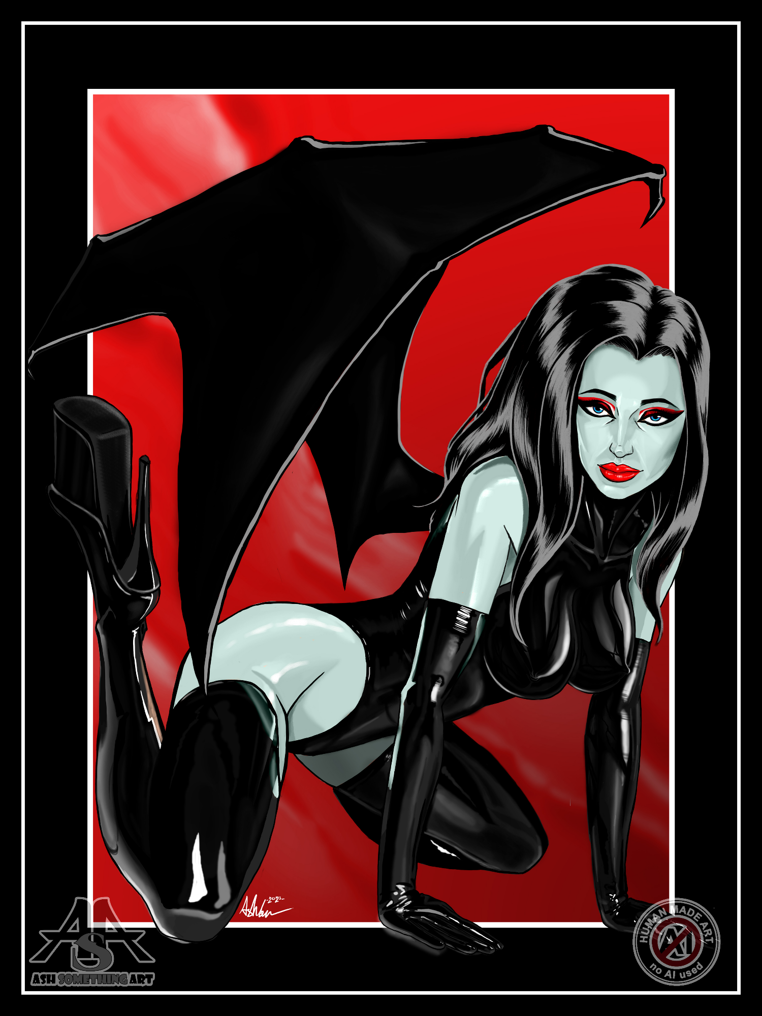 The revised version of Hair Pinup: Working Title from 2021, by Ash Something Art, entitled Succubine. Unlike the original this piece features the same woman with a much more natural hairstyle, and black hair. A wing has been added to the figure and her skin turned an exaggerated pale shade of blue to make her look inhumane. The background features the same abstract pattern, but changed to red, and the figure has had a large black leathery wing added to her, to illustrate that she is a succubus even without the image title. This variant of the artwork was done as a reward for Ash's 2021 Patreon subscribers and is ©Ash Something Art, 2021.