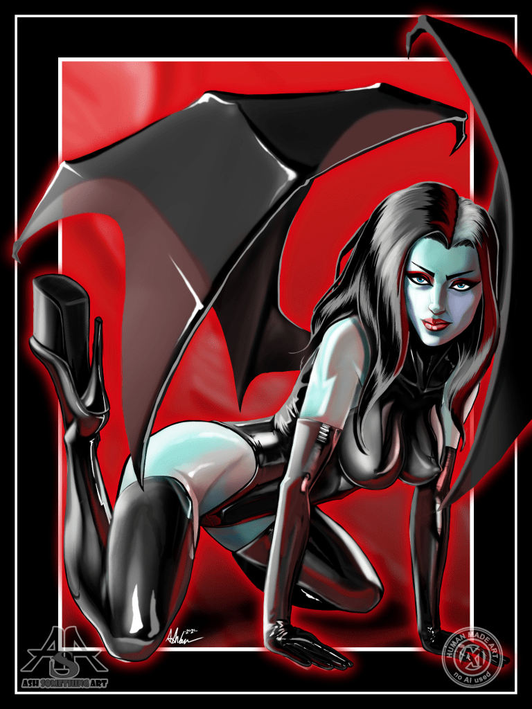 Ash's artwork entitled Succubine, 2024 Revised version, Draft 1. This artwork s a third attempt at making the fit Ash's desires, and has a second wing added to the figure's left side, partway furled against the borders, and the face has changed to feel softer and more seductive without necessarily changing the figure's age. This work was revised in 2024 and is ©Ash Something Art 2020, 2021, and 2024.