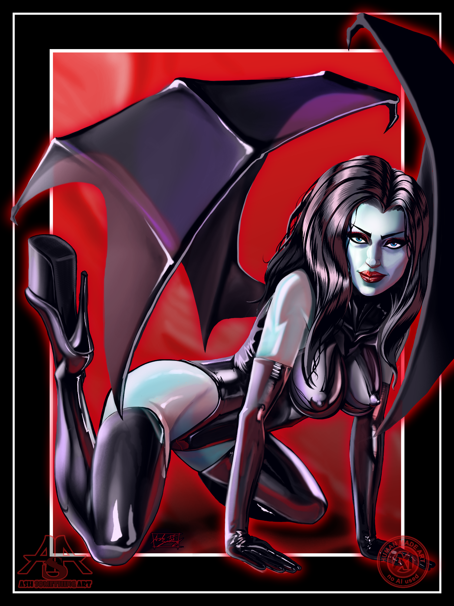 The artwork entitled “Succubine - 2025 Revisied Edition,” by Ash Something. This work is a pinup of a succubus woman in a semi-realism style reminiscent of the 1980’s dark fantasy art.the figure is wearing latex thigh-highs and gloves, as wellas a latex one piece body suit that leaves her hips and shoulders bare. The figure is on her hands and knees with the leg closest to the viewer bent so the her is pointed straight up. The background is a red pattern with abstracted mist/couds. The ash something 2025 logo is inthe lower left corner and the “Human artist” logo is on the lower right corners this artwork is ©Ash Something Art, 2019 and 2025